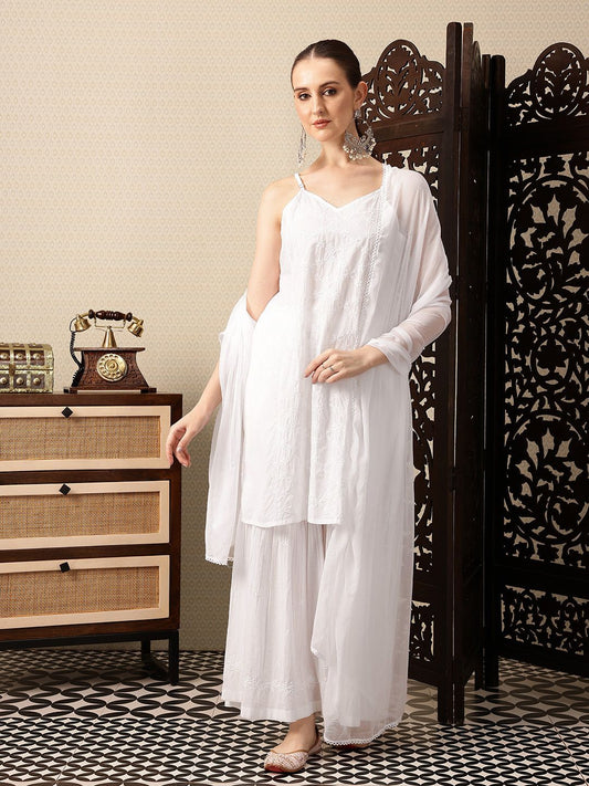 Dhiyona PD Women Floral Embroidered Pure Cotton Jashn Kurta with Sharara & Dupatta