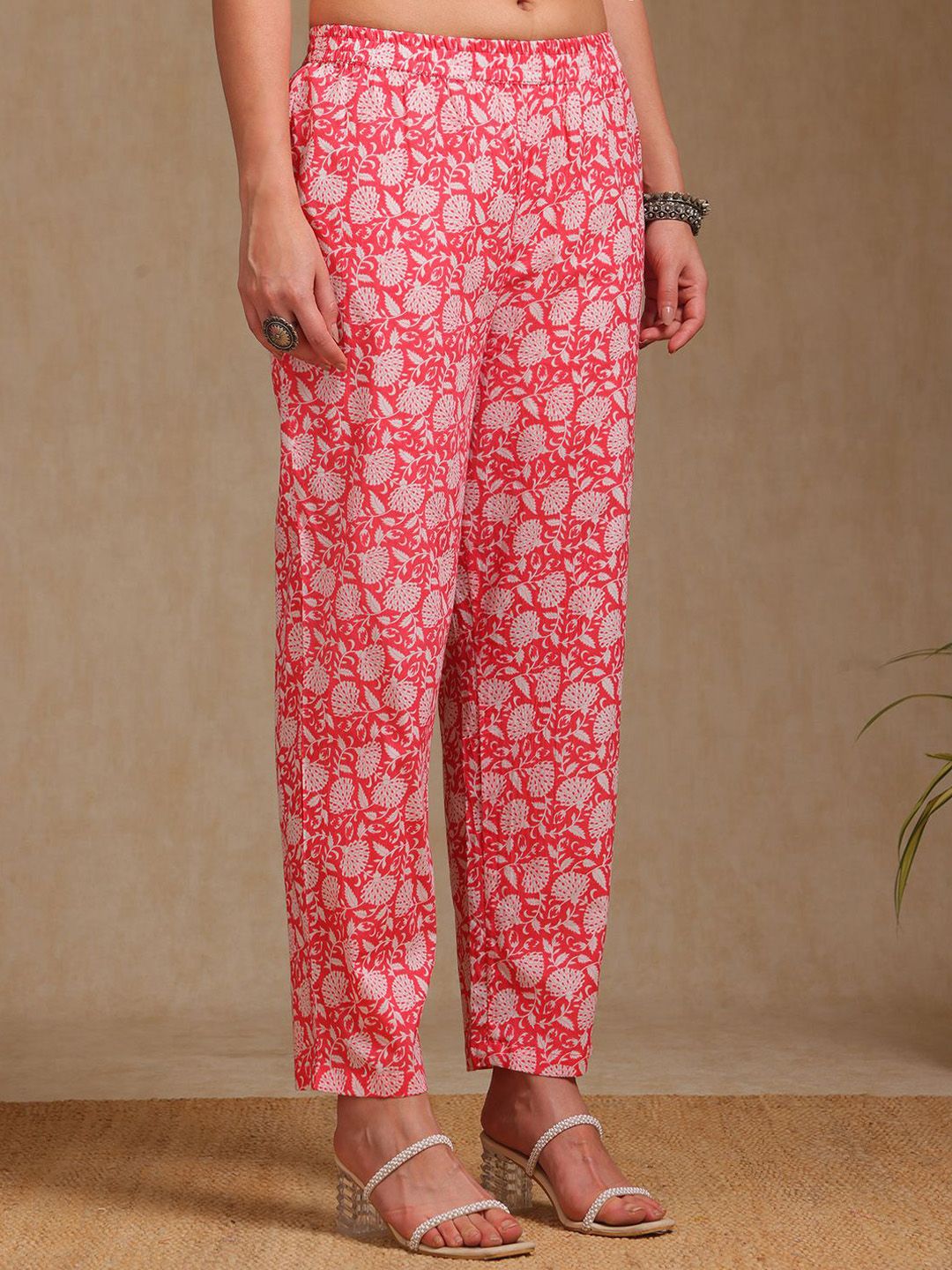 Dhiyona SO Women's Floral Yoke Design Round Neck Thread Work A-Line Kurta With Trousers