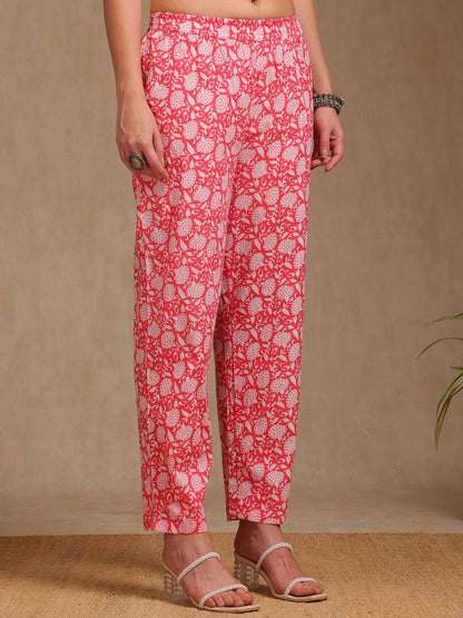 Dhiyona SO Women's Floral Yoke Design Round Neck Thread Work A-Line Kurta With Trousers