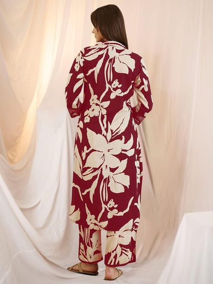 Dhiyona IE Floral Printed Shirt Collar Sequinned Kurta with Trousers