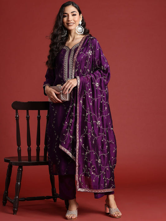Dhiyona IE Floral Embroidered Sequinned Kurta With Trousers & Dupatta