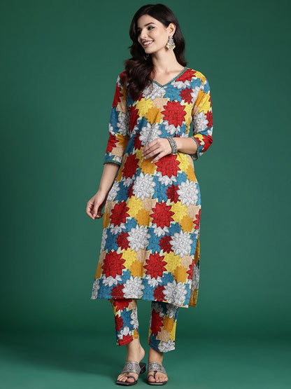 Dhiyona IE Floral Printed Pure Cotton Kurta with Trousers