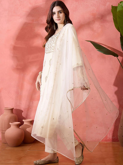 Dhiyona SN Women's Floral Embroidered Round Neck Straight Kurta With Trousers & Dupatta