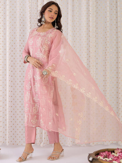 Dhiyona IE Floral Embroidered Thread Work Straight Kurta With Trouser And Dupatta