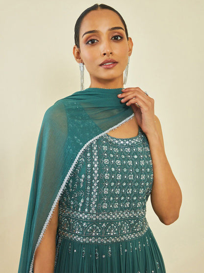 Dhiyona SO Women's Floral Embroidered Beads And Stones A-line Kurta With Palazzos & Dupatta
