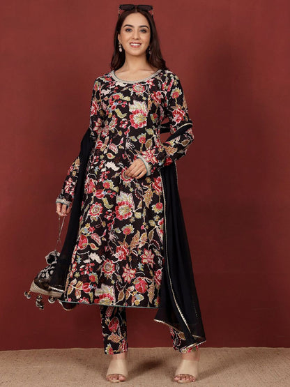 Dhiyona VA Women'sFloral Printed Thread Work Pure Cotton Kurta With Trousers & Dupatta