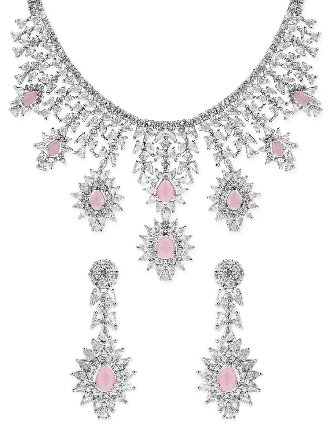 Dhiyona RJ Women's Dhiyona RJ Women'sSilver Plated Pink Gemstone & AAA Cubic Zirconia Studded Floral Design Jewellery Set