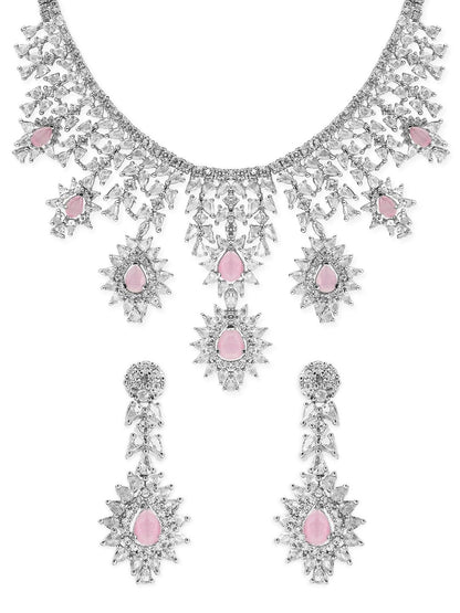Dhiyona RJ Women's Dhiyona RJ Women'sSilver Plated Pink Gemstone & AAA Cubic Zirconia Studded Floral Design Jewellery Set