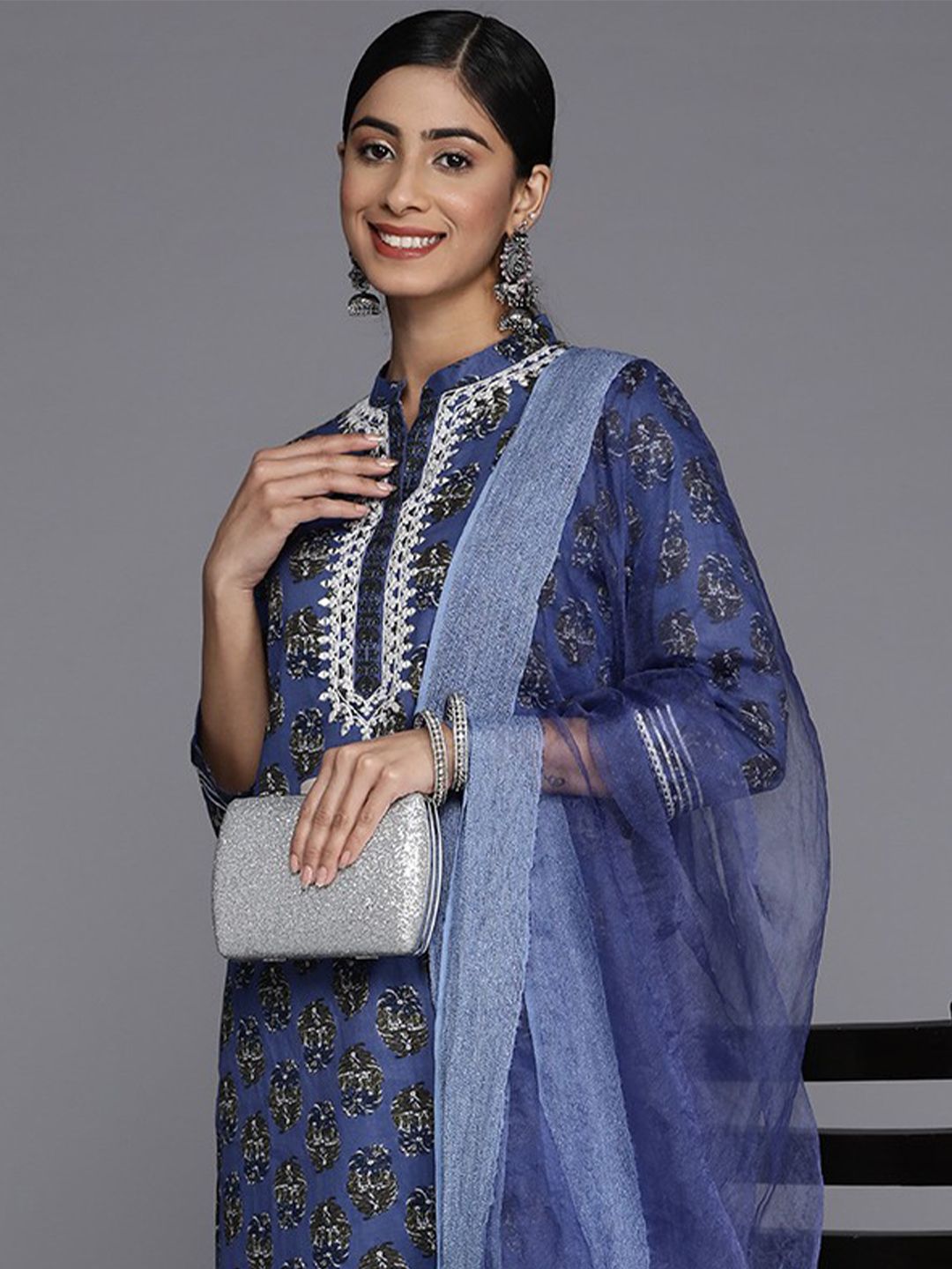 Dhiyona VA Women's Floral Printed Mirror Work Pure Cotton Kurta With Trousers & With Dupatta