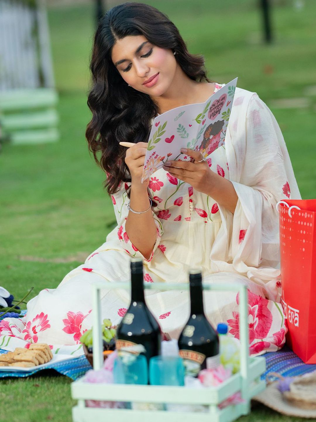 Floral Printed Pure Cotton Anarkali Kurta With Trousers & Dupatta