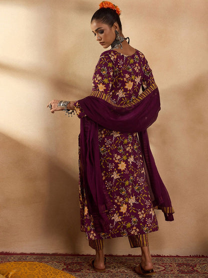 Dhiyona IE Floral Printed Round Neck Three-Quarter Sleeves Pure Cotton Kurta Set