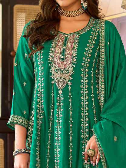 Floral Embroidered Mirror Work Round Neck Anarkali Kurta With Palazzos & Dupatta