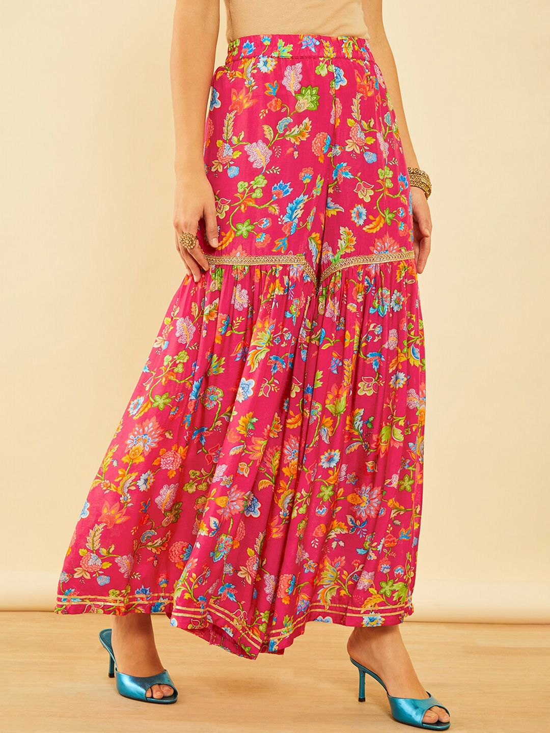 Dhiyona SO Women's Floral Printed Sequinned A-Line Kurta with Sharara With Dupatta