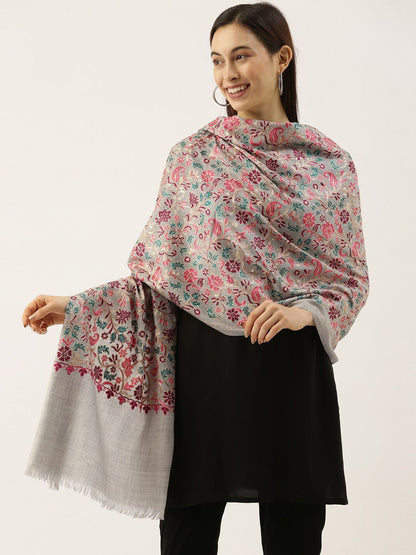 Dhiyona PA Women Grey & Green Embroidered Pure Wool Shawl