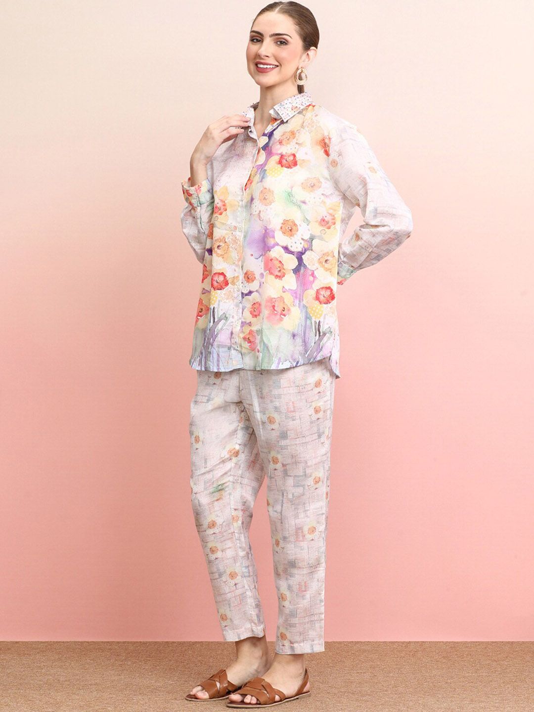 Dhiyona IE Printed & Embroidered Shirt With Trousers Co-Ords