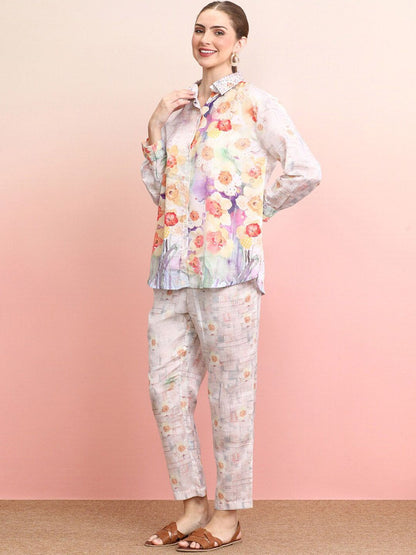 Dhiyona IE Printed & Embroidered Shirt With Trousers Co-Ords