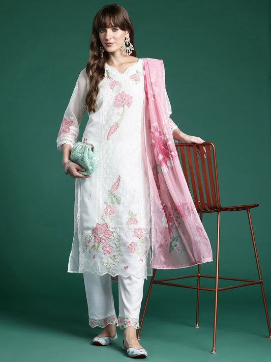 Dhiyona IE Women Floral Embroidered Panelled Thread Work Kurta With Trousers & Dupatta