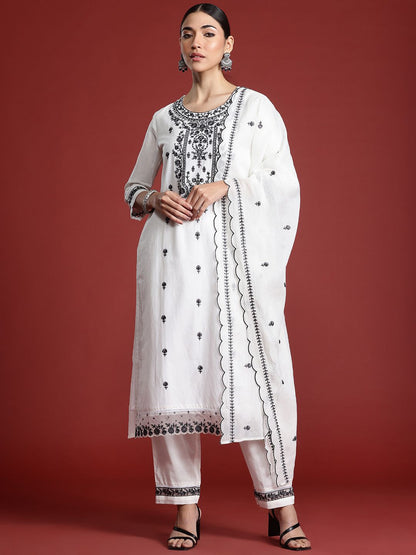 Dhiyona IE Floral Embroidered Thread Work Pure Cotton Kurta with Trousers & With Dupatta