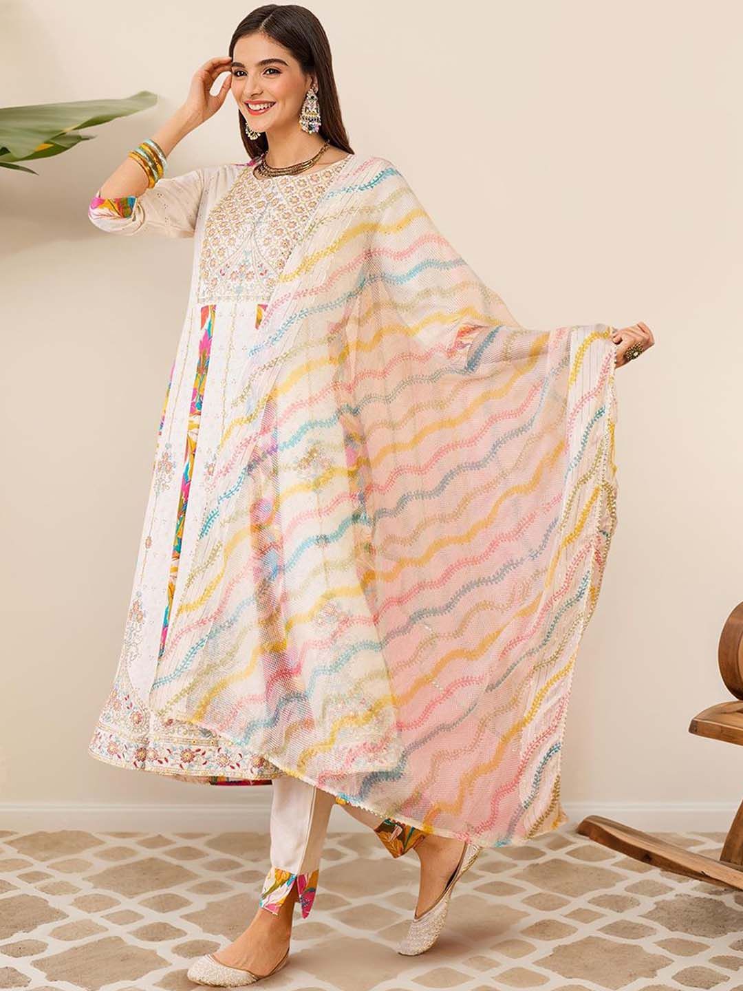 Dhiyona IS Women's Floral Printed A-Line Mirror Work Kurta with Trousers & Dupatta