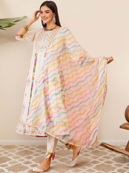 Dhiyona IS Women's Floral Printed A-Line Mirror Work Kurta with Trousers & Dupatta