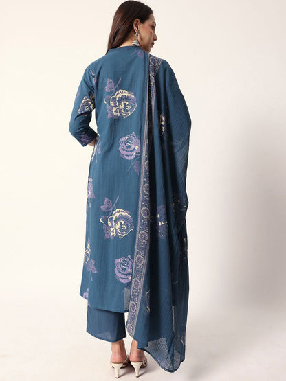 Dhiyona IS Women's Women Floral Printed Cotton Kurta with Trousers & Dupatta