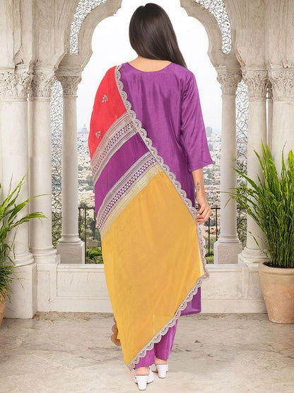 Dhiyona IS Women's Floral Yoke Design Zari Straight Kurta With Trouser And Dupatta