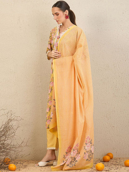 Dhiyona IE Floral Printed Thread Work Pure Cotton Straight Kurta With Trousers & Dupatta