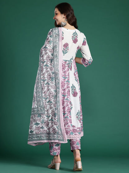Women Floral Printed Pure Cotton Kurta with Trousers & With Dupatta