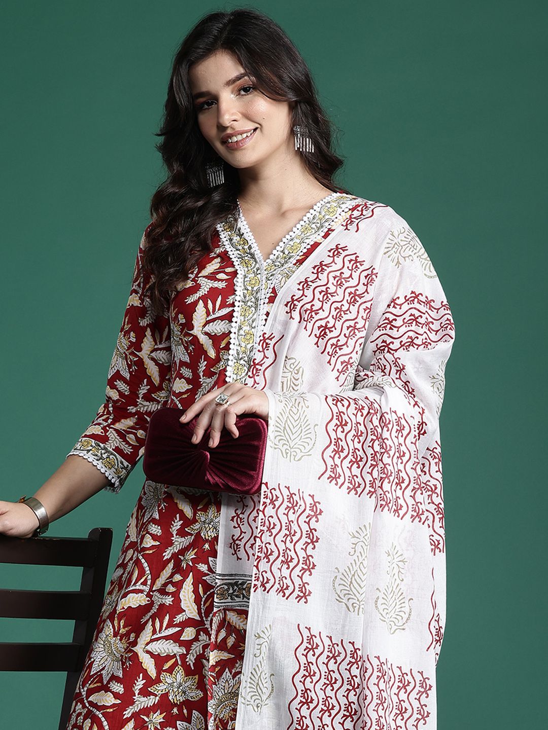 Dhiyona IE Floral Printed Pure Cotton Kurta With Trousers & Dupatta