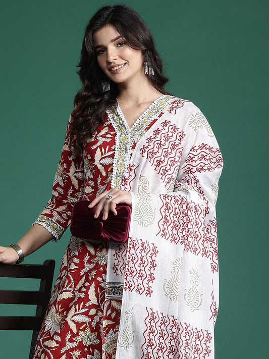 Dhiyona IE Floral Printed Pure Cotton Kurta With Trousers & Dupatta