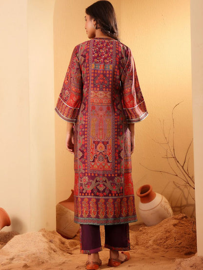 Dhiyona VA Women'sEthnic Motifs Printed Mandarin Collar Gotta Patti Chanderi Silk Kurta & Trousers