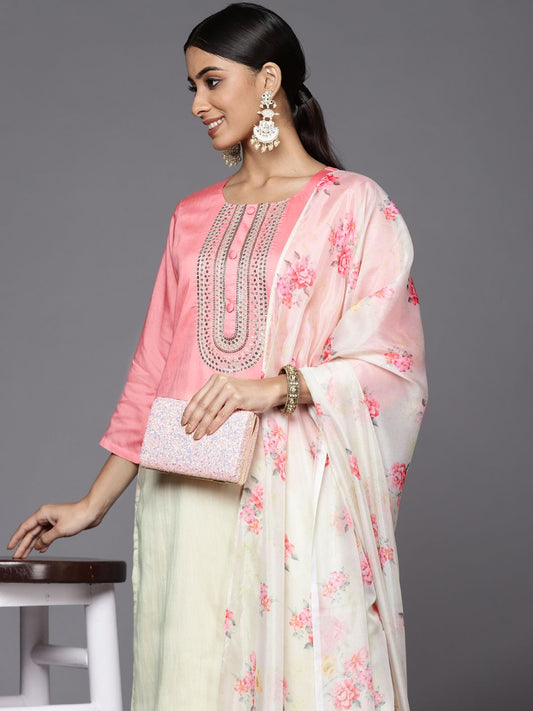 Dhiyona VA Women's Pink Ombre Printed Sequinned Kurta with Trousers & With Dupatta