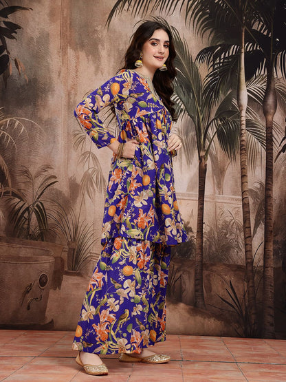 Dhiyona SN Women's Floral Print Empire Kurta with Sharara & Dupatta