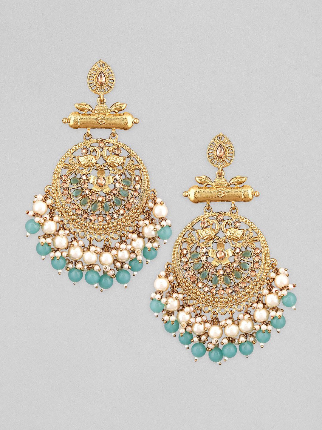 Dhiyona RJ Women's 18K Antique Gold-Plated Big Chandbali with Pearl & Turquoise Blue Bead Accents