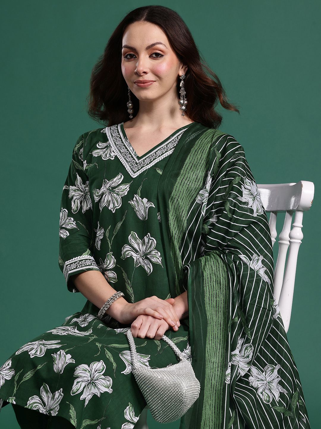 Dhiyona IE Floral Printed Regular Pure Cotton Kurta with Trousers & Dupatta