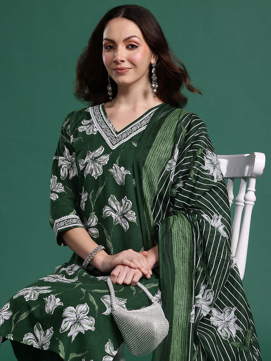 Dhiyona IE Floral Printed Regular Pure Cotton Kurta with Trousers & Dupatta