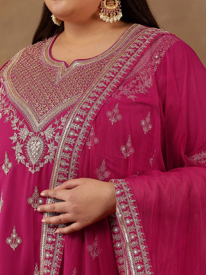 Dhiyona IN Plus Size Embroidered Sequin Georgette Straight Kurta With Sharara & Dupatta