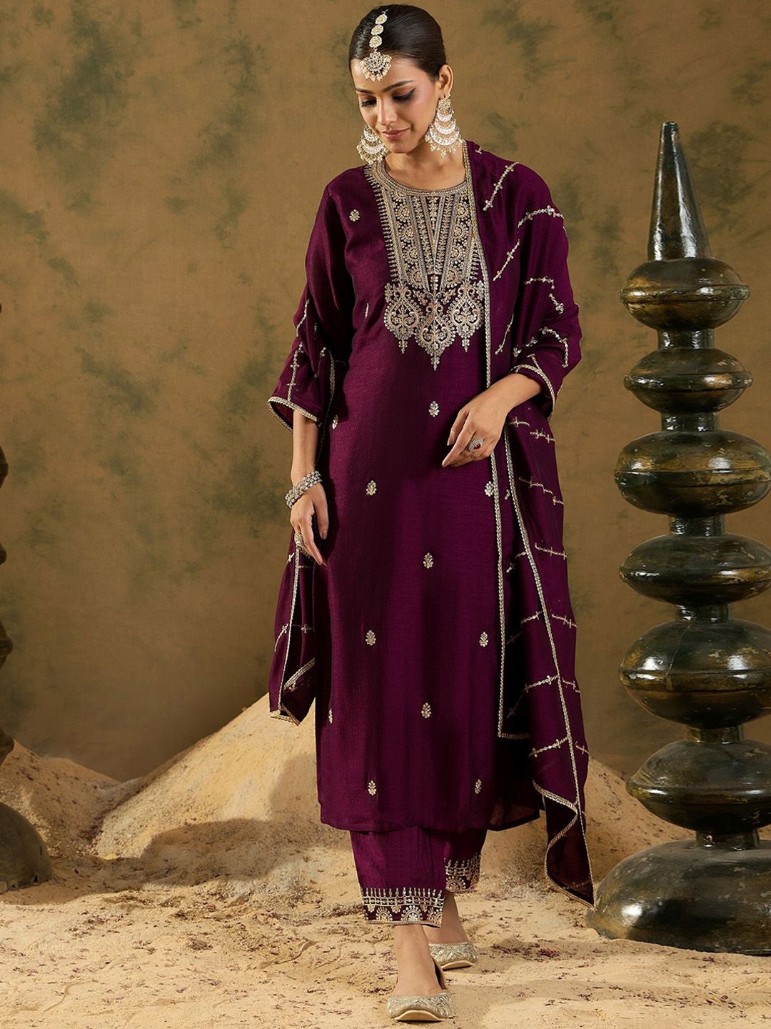 Women Ethnic Motifs Embroidered Regular Kurta with Trousers & With Dupatta