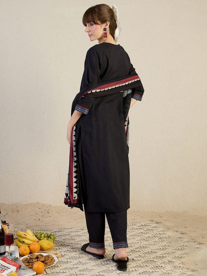Women Yoke Design Embroidered Cotton Kurta with Trousers & Dupatta