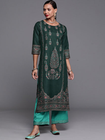 Women Green Ethnic Motifs Foil Printed Straight Kurta With Palazzo Set