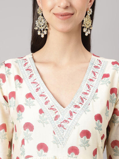 Dhiyona KL Women Floral Printed Pleated Sequinned Chanderi Cotton Kurta Set