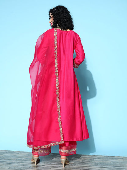 Dhiyona IE Women Fuchsia Ethnic Motifs Embroidered Kurta with Palazzos & With Dupatta