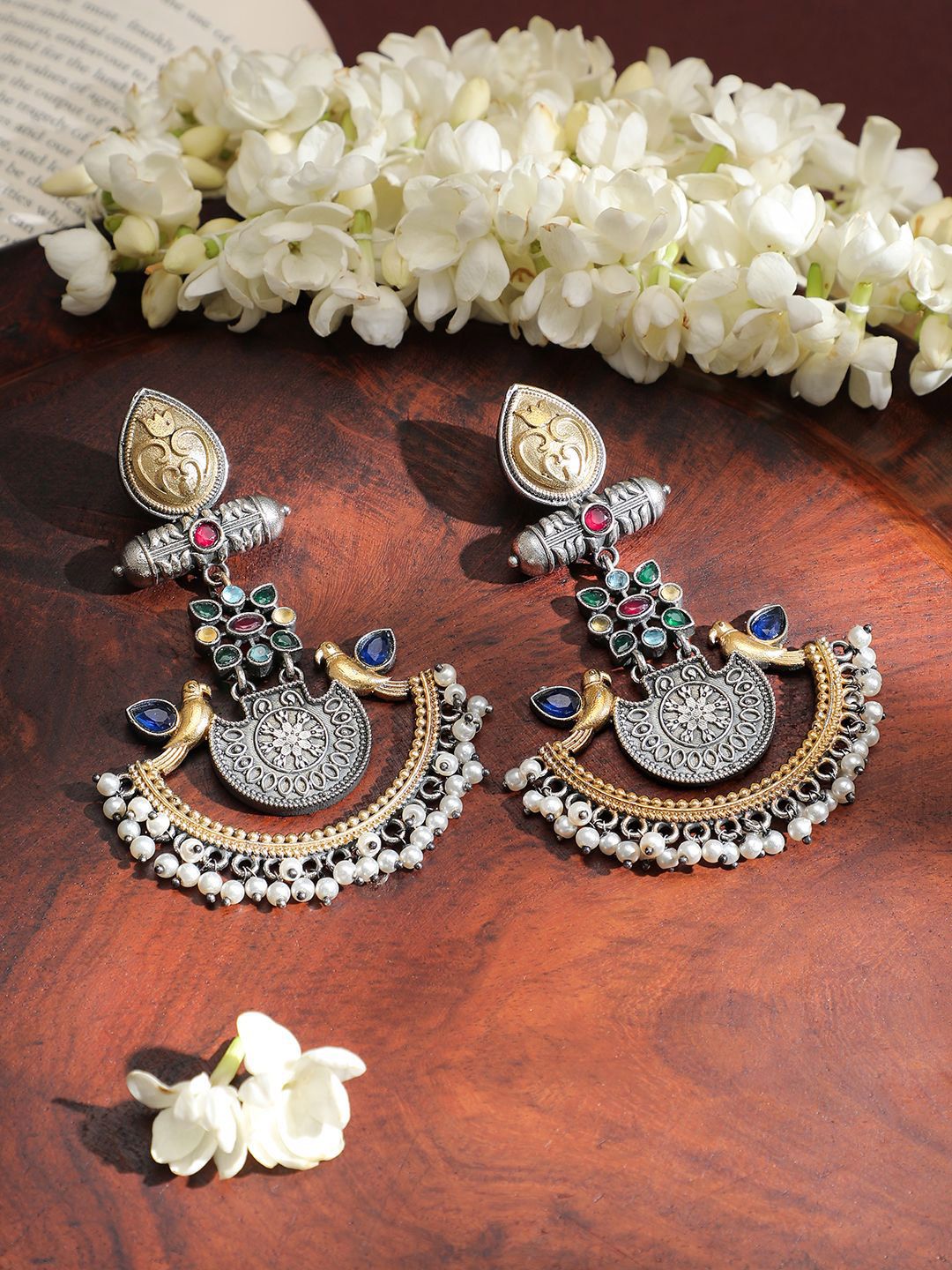 Dhiyona RJ Women's Dual-Tone Oxidised Silver & Gold Plated Bird Motif Chandbali with Pearl Beaded Drop