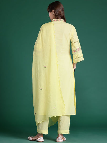 Floral Embroidered Pure Cotton Kurta with Trousers & Dupatta
