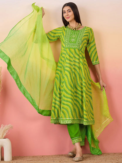 Dhiyona SN Women's Green Bandhani Printed Sequinned Anarkali Kurta With Trouser & Dupatta