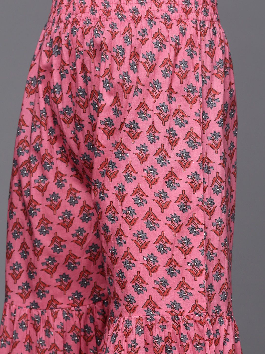 Dhiyona VA Women's Grey & Pink Floral Print Angrakha Gotta Patti Pure Cotton Kurta with Sharara
