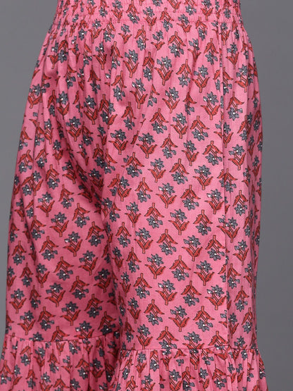 Dhiyona VA Women's Grey & Pink Floral Print Angrakha Gotta Patti Pure Cotton Kurta with Sharara