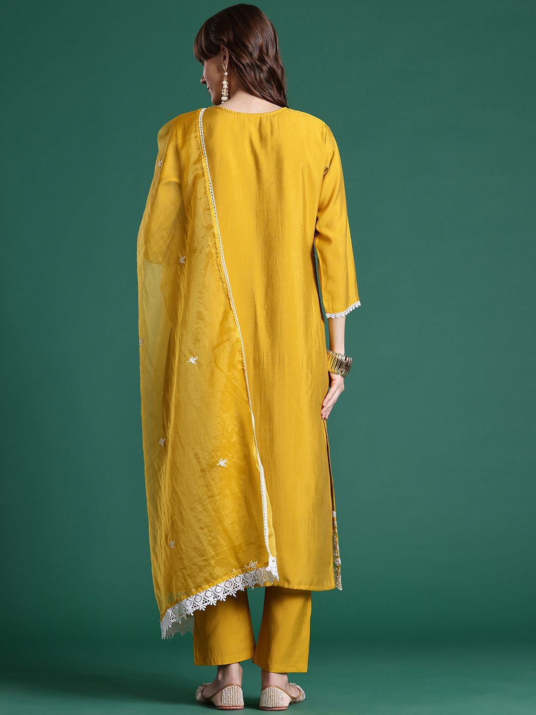 Floral Embroidered Thread Work Kurta With Trousers & Dupatta