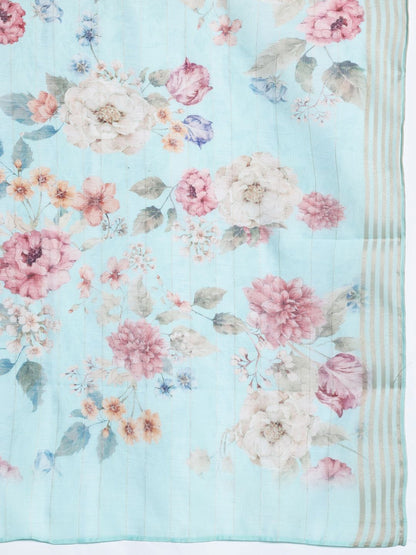 Floral Embroidered Linen Kurta with Trousers & With Dupatta