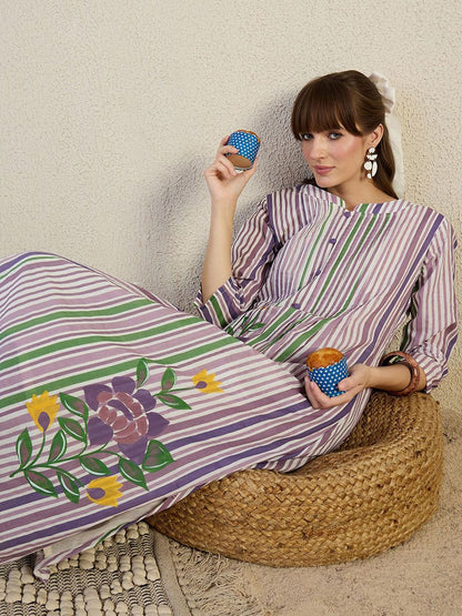 Striped Pure Cotton A-Line Kurta With Trousers